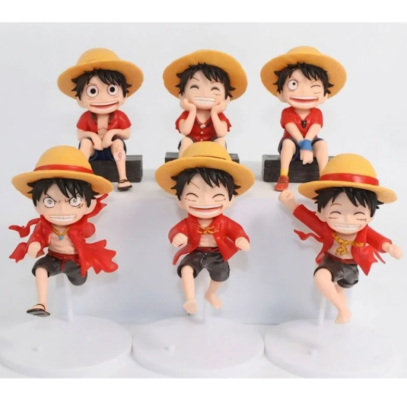 Seis figuras de Luffy One Piece con sombreros de paja en diferentes poses