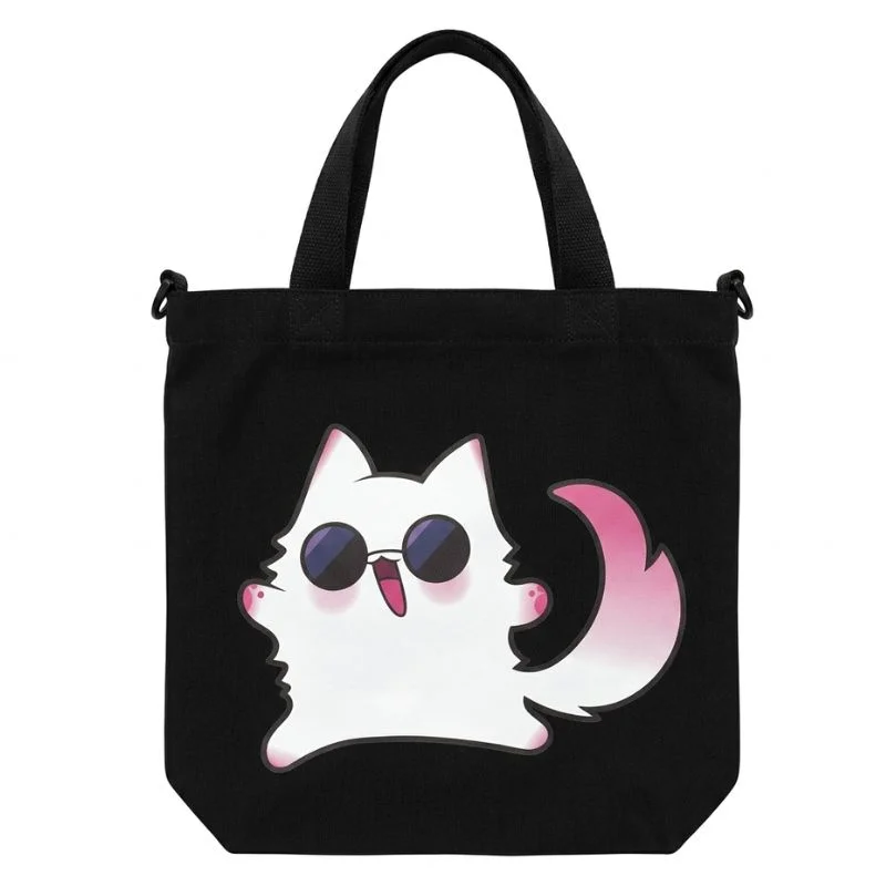 Totebag negro Jujutsu Kaisen con gato blanco y gafas oscuras