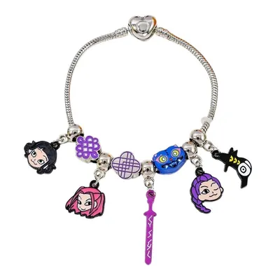 Pulsera K-Pop con colgantes de personajes y detalles púrpura