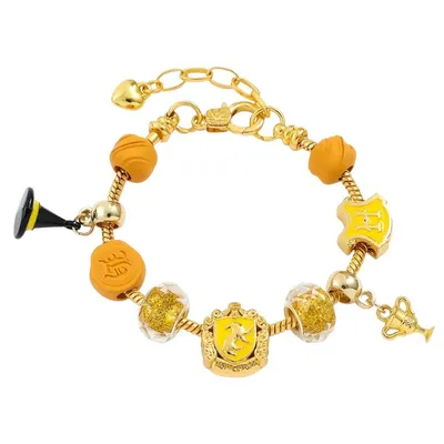 Pulsera charm dorado con cuentas naranja y emblema Hufflepuff de Harry Potter