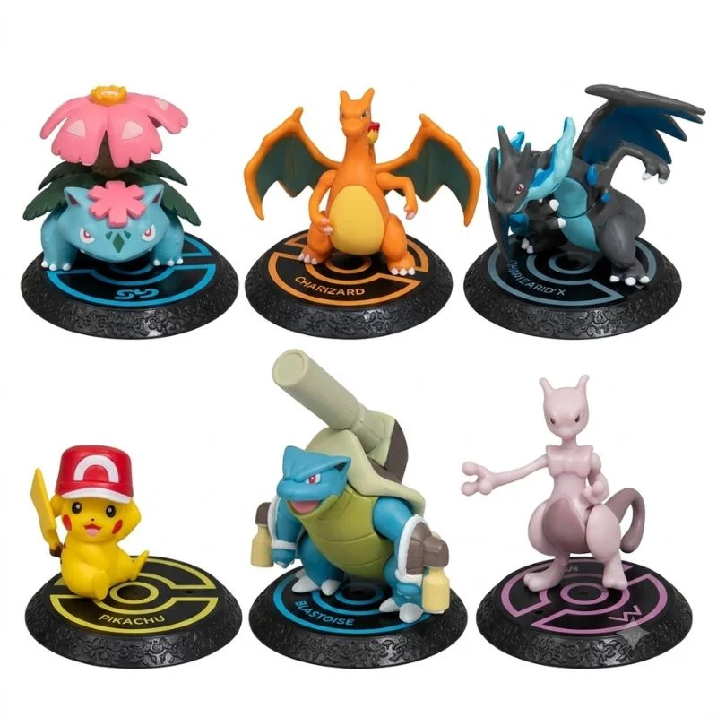 Seis figuras Pokémon con bases: Pikachu, Charizard, Mewtwo, Venusaur, Blastoise y Mega Charizard X